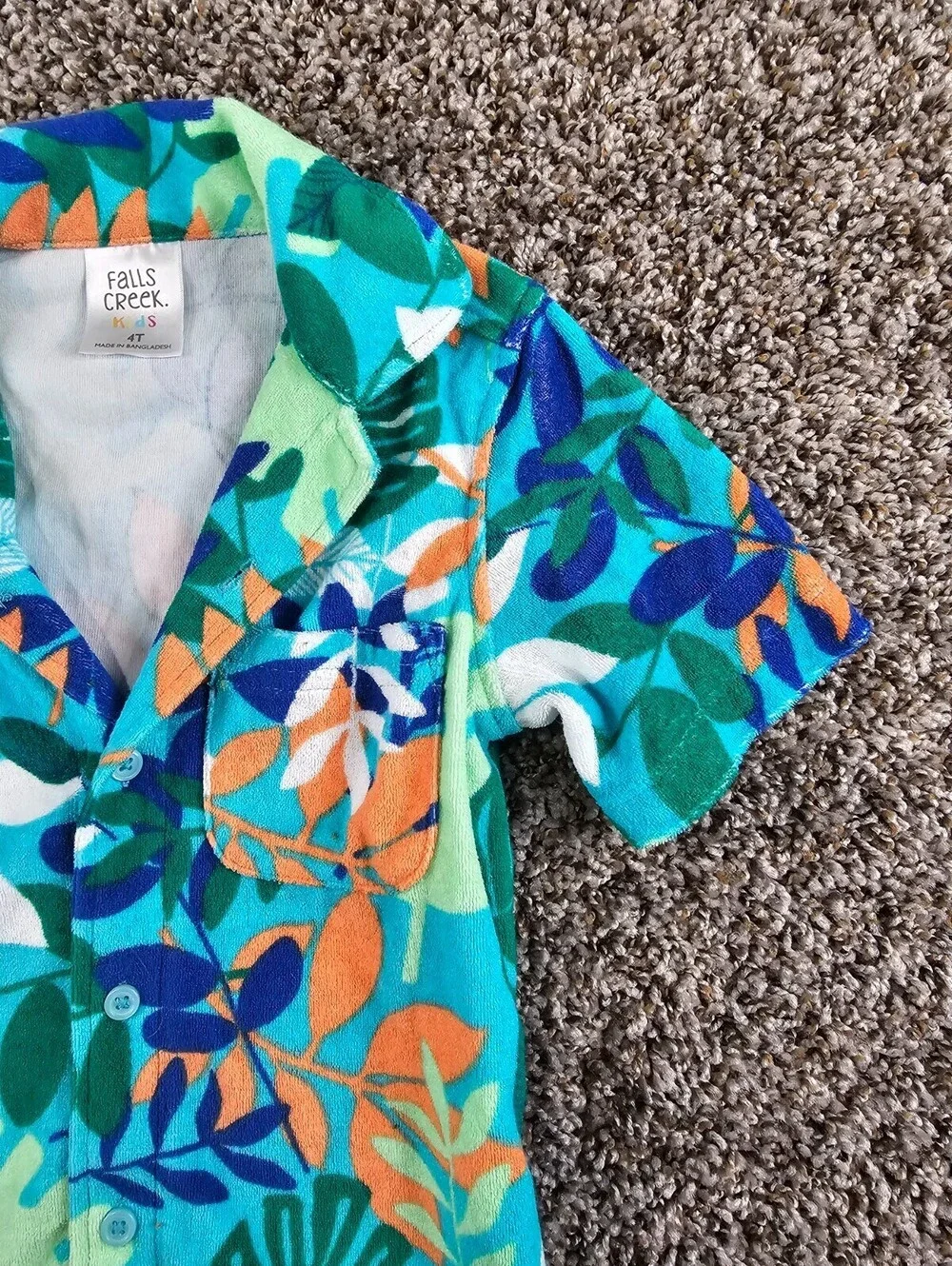 Falls Creek Kids Boys Sz 4T Terry Cloth Button Up Tropical Print Shirt